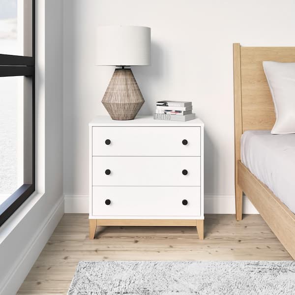 Prepac Nordik White & Oak 3 Drawer 16 in. D x 26.5 in. W x 26.75 in. H Nightstand
