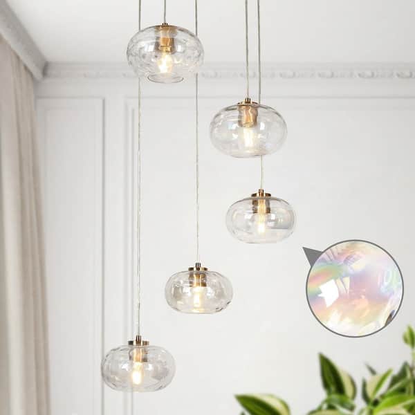 LNC Chrysa 5-Light Plated Brass Modern Cluster Chandelier with Iridescent Glass Globes for Stairwell, Foyer, or Living Room
