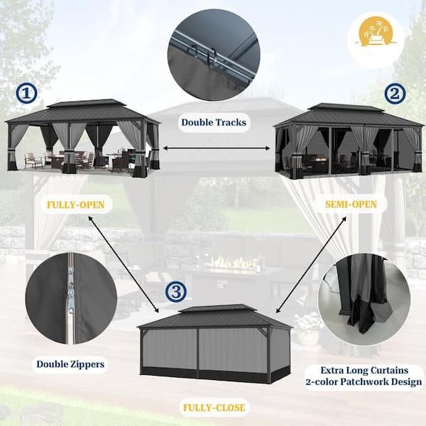 Halmuz 12 ft. x 20 ft. Gray Hardtop Gazebo with Curtain Grey