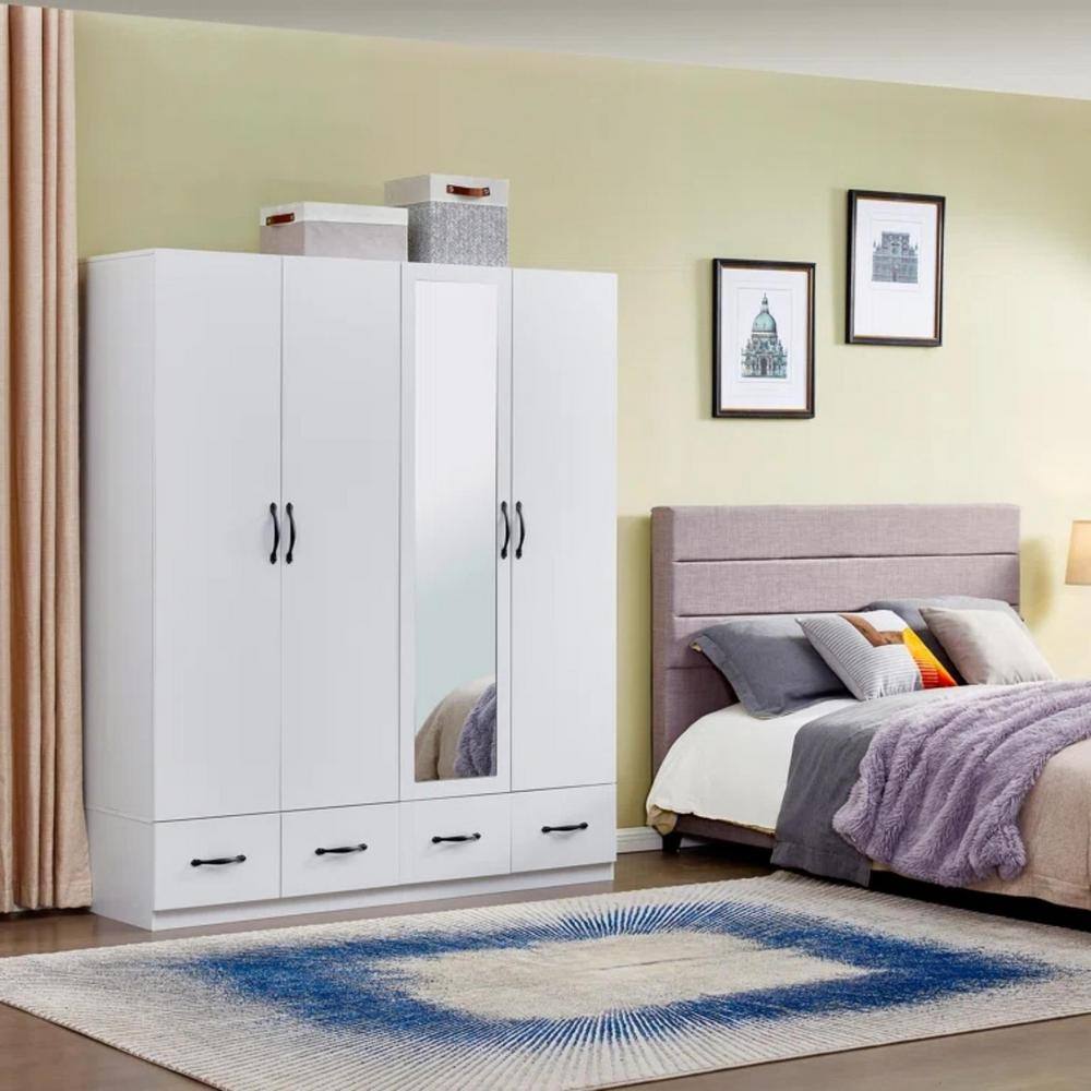 White Wood Armoire with Mirror, 4 Drawers, and Shelves