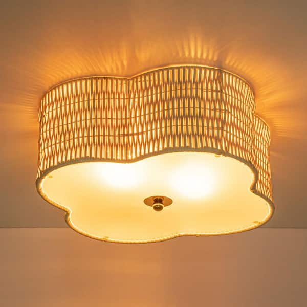 C Cattleya 16.75 in. 2-Light Rattan Ceiling Flush Mount with Glass Bottom