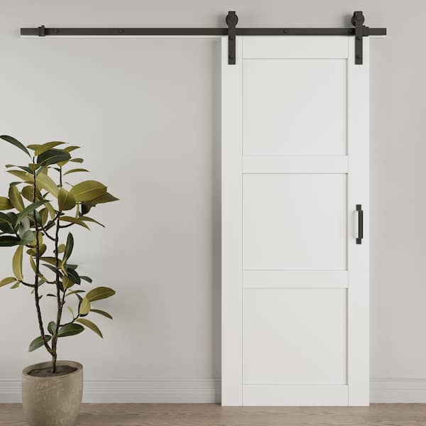 32 in. x 80 in. Paneled 3 Lite White Primed MDF Sliding Barn Door with Hardware Kit
