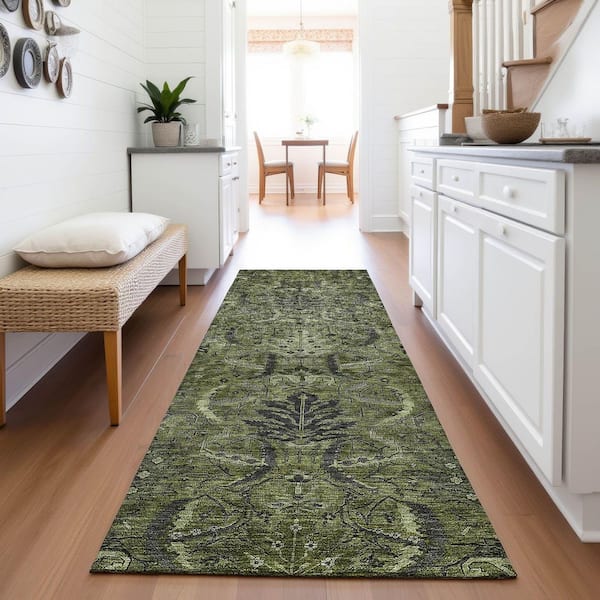 Mayfield Premium Machine Washable Abstract AMF1082 Olive 2 ft. 3 in. x 7 ft. 6 in. Runner Rug