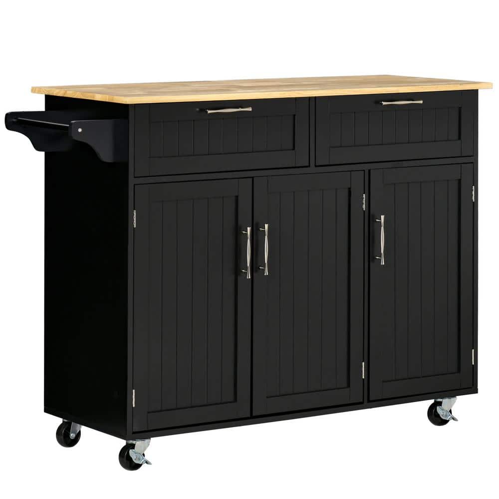 Black Wood 47.75 in. Freestanding Kitchen Island with Wood Top, Storage Dra