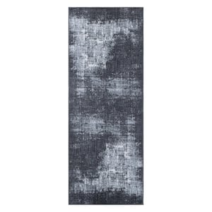 Contemporary Distressed Abstract Machine Washable 2 ft. 6 in. x 10 ft. Dark Gray Runner Rug