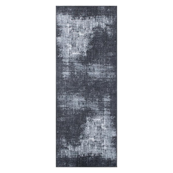 World Rug Gallery Contemporary Distressed Abstract Machine Washable 2 ft. 6 in. x 10 ft. Dark Gray Runner Rug