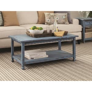Country Cottage 42 in. Blue Large Rectangle Wood Coffee Table with Shelf