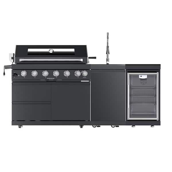 43 in. 6-Burner Propane Gas Grill Island Outdoor Kitchen in Black Stainless Steel with Refrigerator, Sink