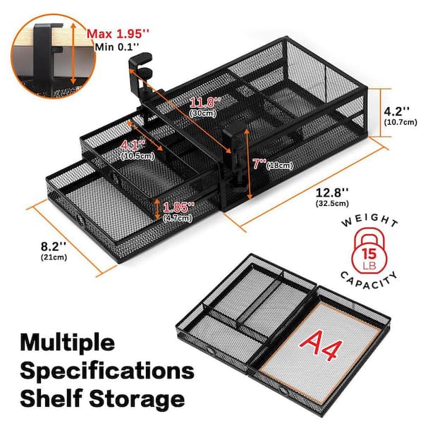 Black 12 in. x 8 in. Metal Grid Under Desk Drawer Organizer with 2