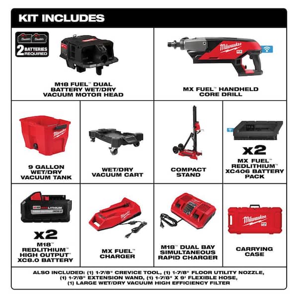MX FUEL Lithium-Ion Cordless Handheld Core Drill Kit with M18 FUEL 9 Gal. Cordless Wet/Dry Shop Vacuum Kit