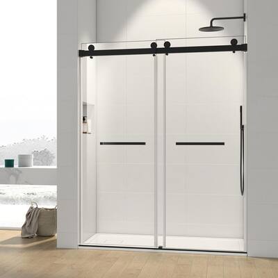 60 in. W x 76 in. H Sliding Frameless Shower Door in Matte Black with Clear Glass