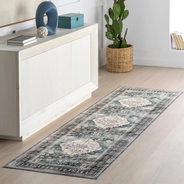 Keyara Spill Proof Washable Green 3 ft. x 8 ft. Indoor Runner Rug