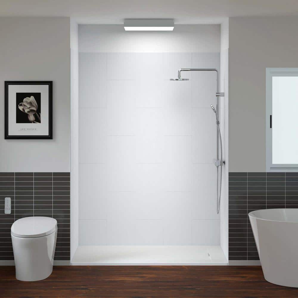 White Textured Solid Surface Alcove Shower Kit with Brushed Nickel Trim