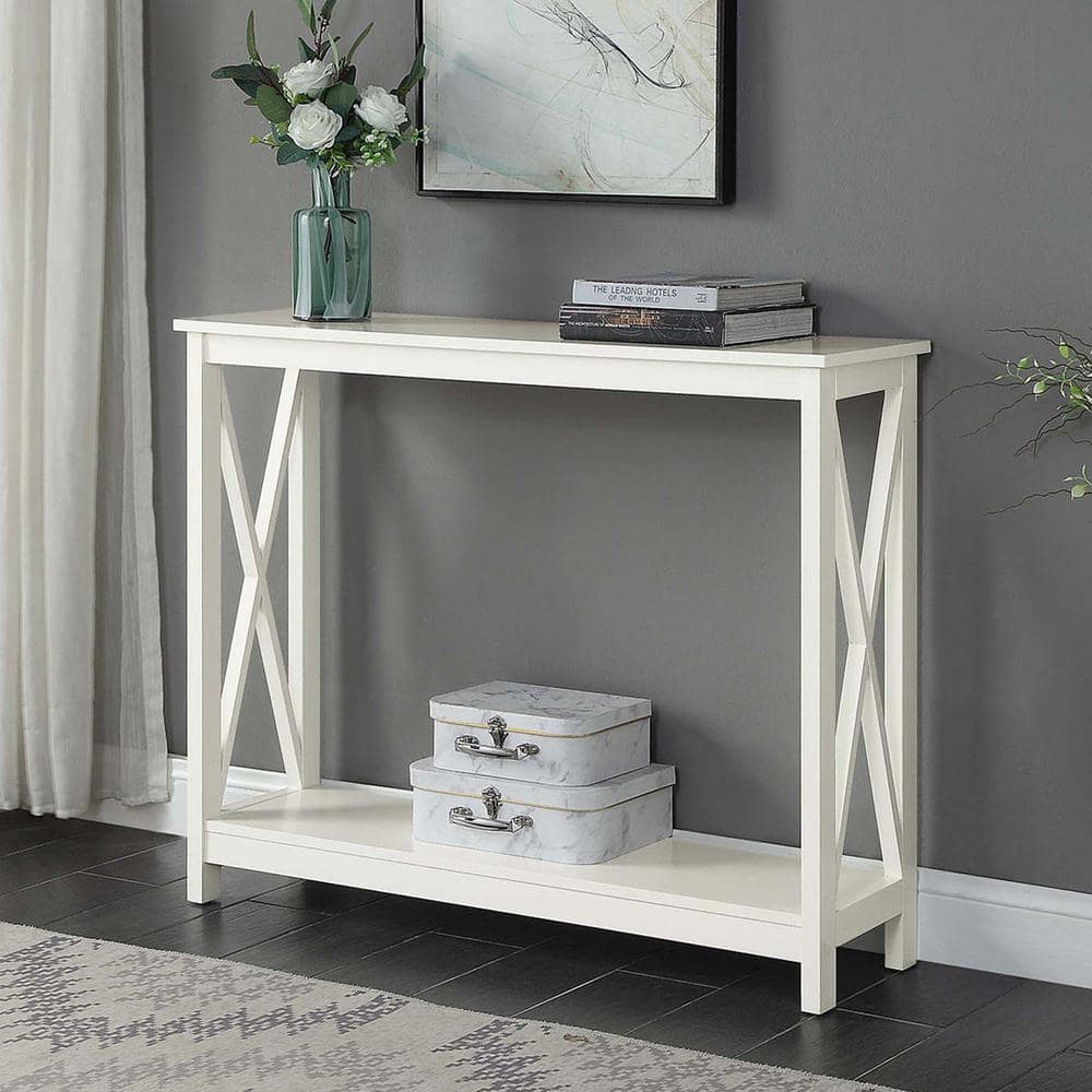 Ivory Coastal Farmhouse Console Table with Open Shelving
