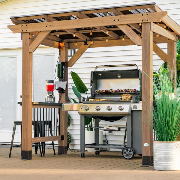 Backyard Discovery Saxony 8 ft. x 5 ft. All Cedar Wood Grill Gazebo with Hard Top Steel Roof, Powder Coated Steel Countertops and Electric