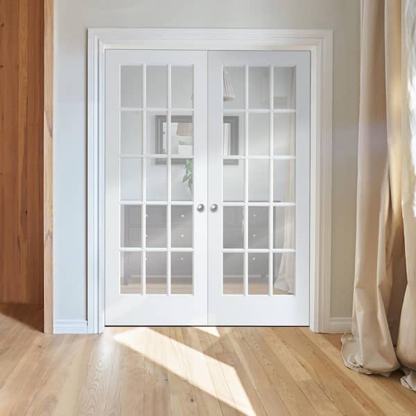 72 in. x 84 in. Left Hand Active Primed Composite Glass Clear Glass 15 Lite True Divided Prehung Interior French Door