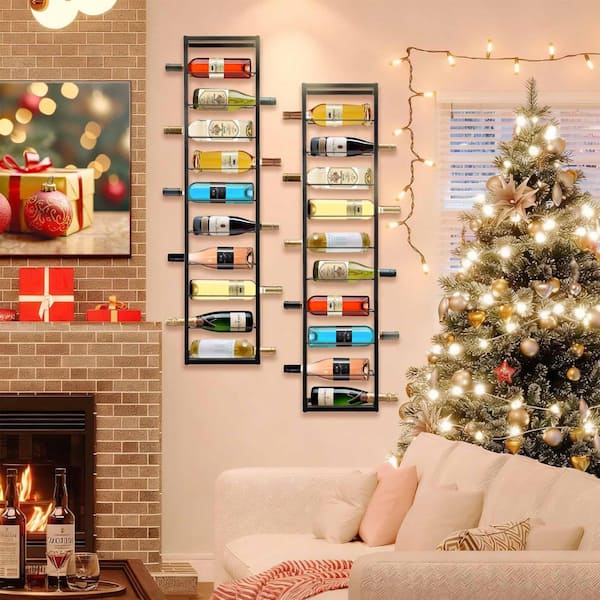 Wall Mounted Wine Rack: Metal Hanging 10 Bottle Wine Holder - Black Stemware Rack