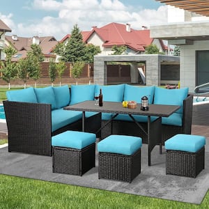 7-Pieces Patio Black Wicker Furniture Dining Set with Blue Cushions