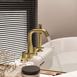 Modern 2-Handle Deck-Mount Roman Tub Faucet with Handshower in Brushed Gold