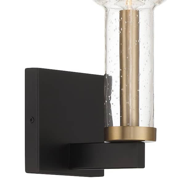 Designers Fountain - Nova 5 in. 1-Light Matte Black Modern Wall Sconce with Clear Seedy Glass Shade and Brushed Gold Accent