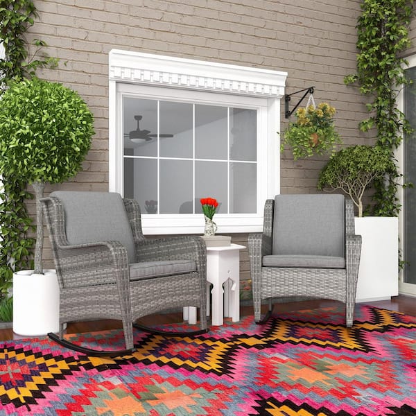 Outsunny Gray Wicker Outdoor Rocking Chair Set of 2 with Cushions 867 ...