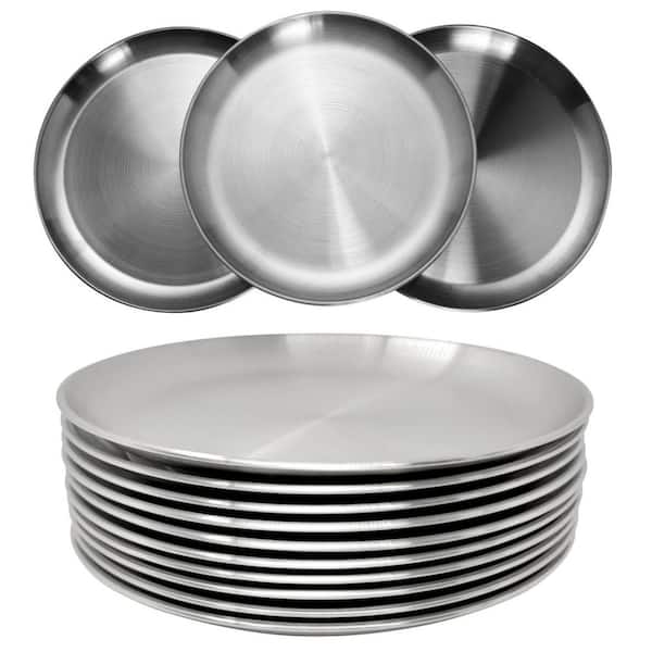 Modern Silver Stainless Steel Durable Lightweight Reusable 9 in. Dinner Plates, Dishwasher Safe BPA Free, Set of 10