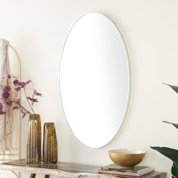 40 in. x 24 in. Oval Round Framed White Wall Mirror with Thin Minimalistic Frame