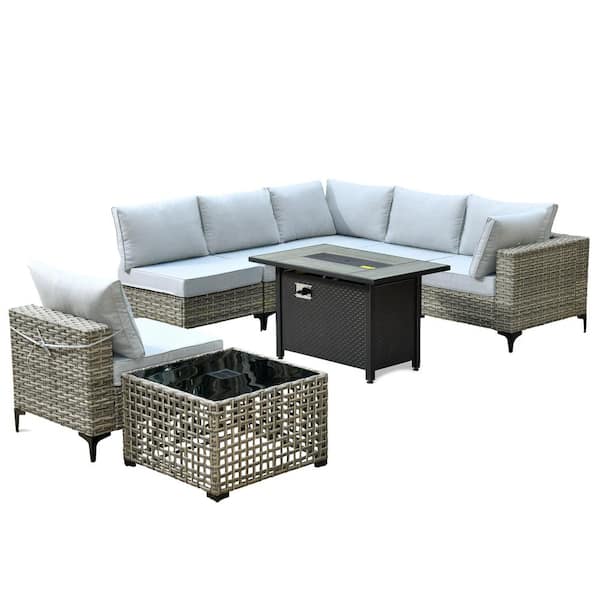 Howell 8-Piece Wicker Outdoor Patio Conversation Sofa Furniture Set with a Metal Fire Pit and Light Grey Cushions