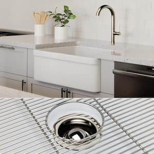 Luxury White Solid Fireclay 26 in. Single Bowl Farmhouse Apron Kitchen Sink with Polished Nickel Accs and Belted Front
