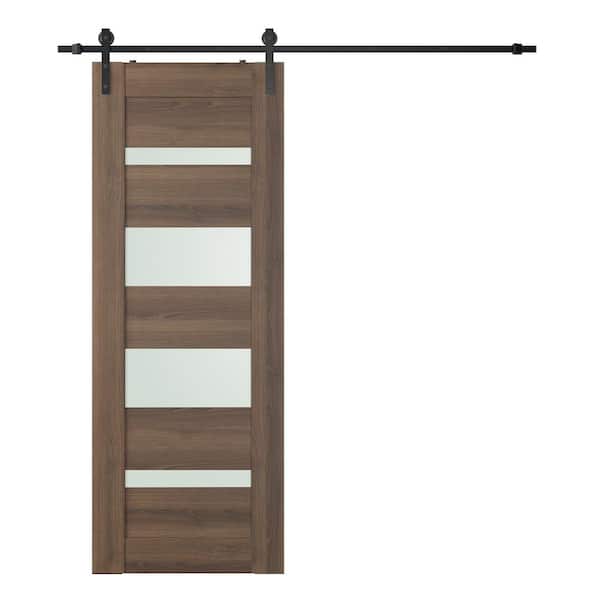 Vona 07-01 28 in. x 80 in. 4-Lite Frosted Glass Pecan Nutwood Wood Composite Sliding Barn Door with Hardware Kit