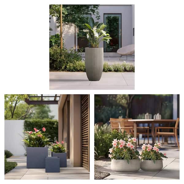 Light Gray Round Concrete Plant Pot and Granite Gray Square Cement Planter Set (6 Piece)