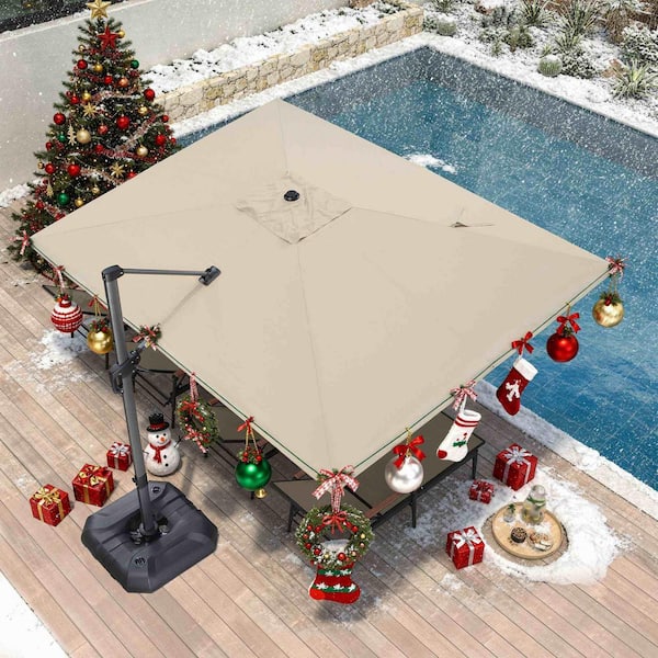 9 ft. x 11.5 ft. Aluminum Outdoor Patio Cantilever Umbrella Offset 360° Rotation Umbrella with Base, Beige