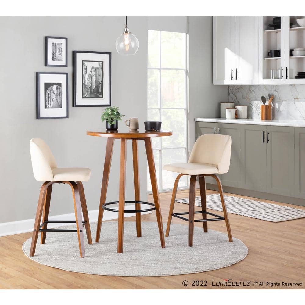 Set of 2 Walnut Wood and Beige Swivel Counter Stools