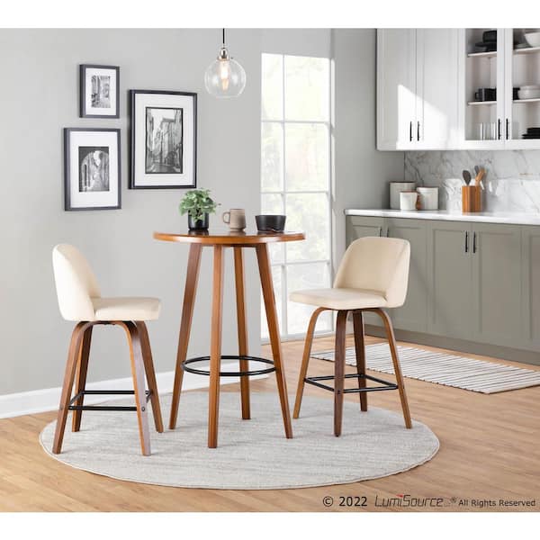 Toriano 35 in. Cream Faux Leather and Walnut Wood-Counter Height Bar Stool with Square Black Footrest (Set of 2)