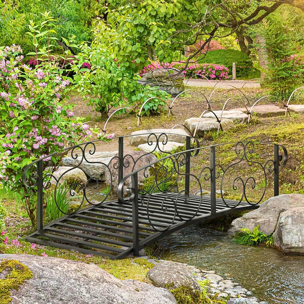 Black 6 ft. Metal Arch Garden Bridge with Siderails