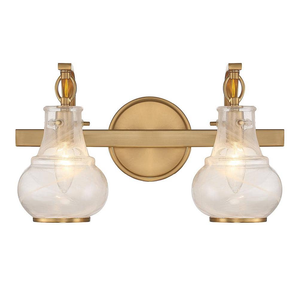 Warm Brass 2-Light Vanity with White Strie Glass Shades