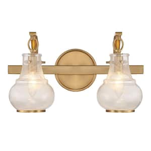 Adams 15.50 in. 2-Light Warm Brass Vanity Light with White Strie Glass Shades