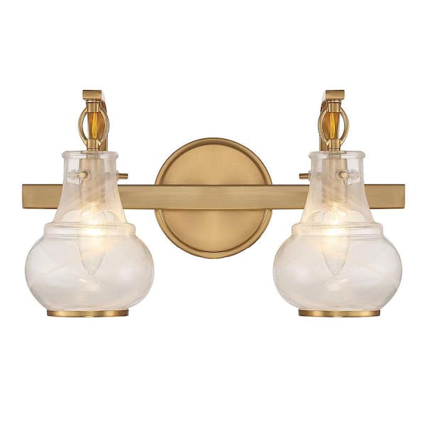Savoy House Adams 15.50 in. 2-Light Warm Brass Vanity Light with White Strie Glass Shades