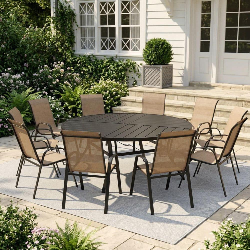 11-Piece Metal Outdoor Dining Set with 63 in. Black Round Dining Table and 10 Stackable Textilene Chairs in Black Fabric price history on PriceWatchPro