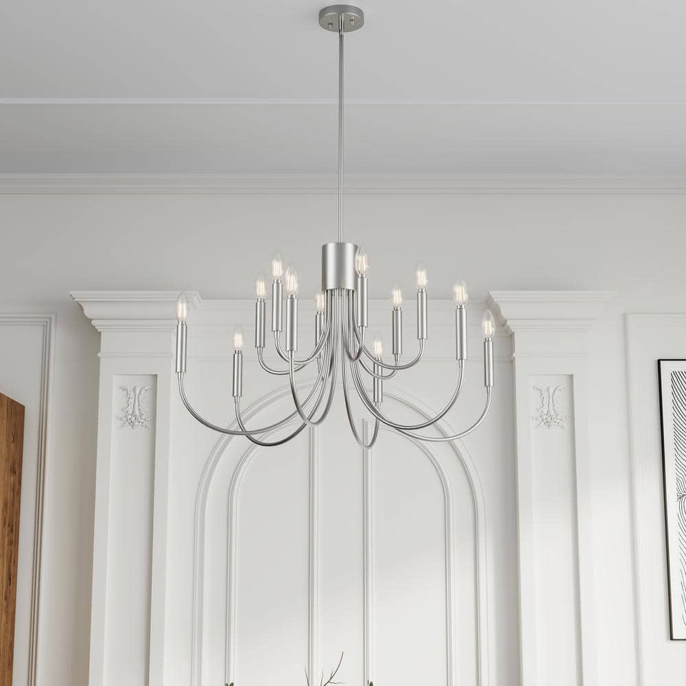 30.7 in. 12-Light Farmhouse Nickel Chandelier Rustic Candle Hanging Light F