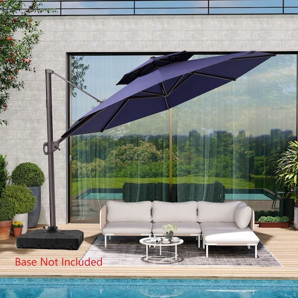 Pellebant Double Top 11.5 ft. Round Aluminum Heavy-Duty 360° Swivel Cantilever Patio Umbrella in Navy Blue with No Base