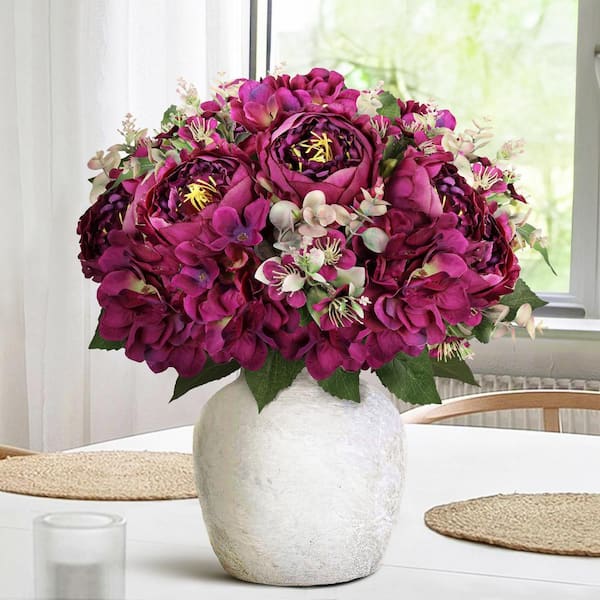LIVING LUXURY 17 in. Plum Burgundy Artificial Mixed Peony