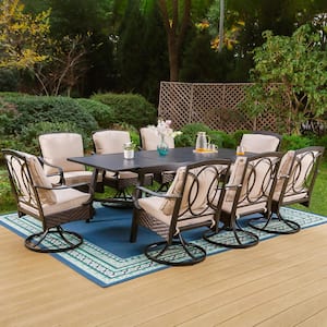 9-Piece Metal Outdoor Dining Set with Extensible Rectangular Slat Table and Rattan Swive Chairs with Beige Cushions