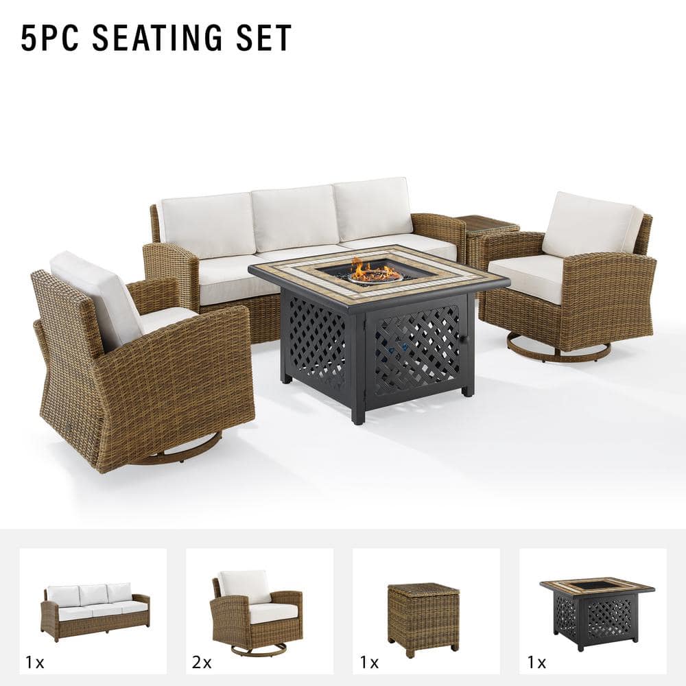 Bradenton 5Pc Outdoor Sofa Set with Swivel Rockers & Fire Table in Sunbrella White