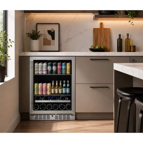 Signature 24 in. 84-Can and 13-Bottle Stainless Steel Single Door Single Zone Built-In Beverage and Wine Cooler
