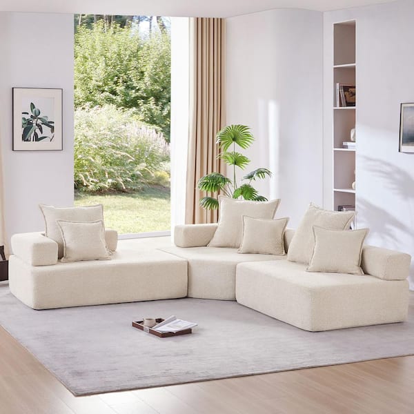 J&E Home 151 in. Square Arm 3-piece Boucle Fabric Modular Oversized Free Combination Sectional Sofa in. Beige