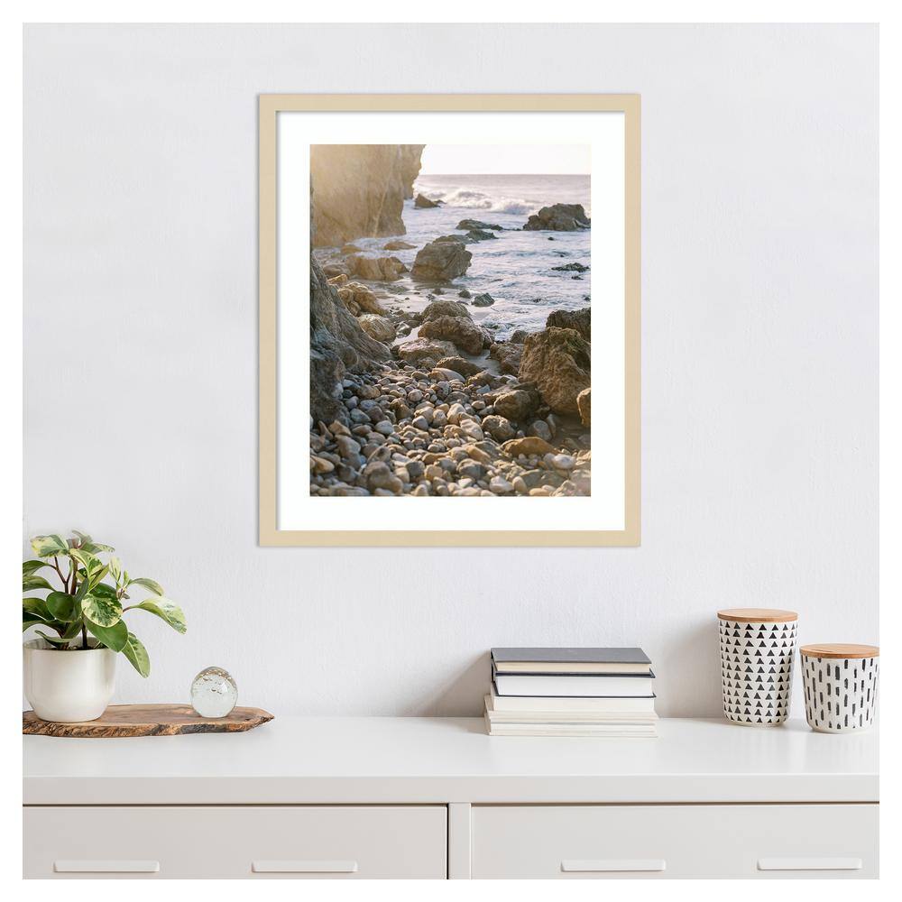 Rocky Beach Sunset Coastal Photography in Natural Wood Frame