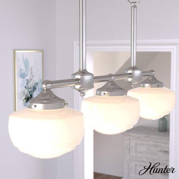 Hunter Saddle Creek 3-Light Brushed Nickel Schoolhouse Chandelier with Cased White Glass Shades