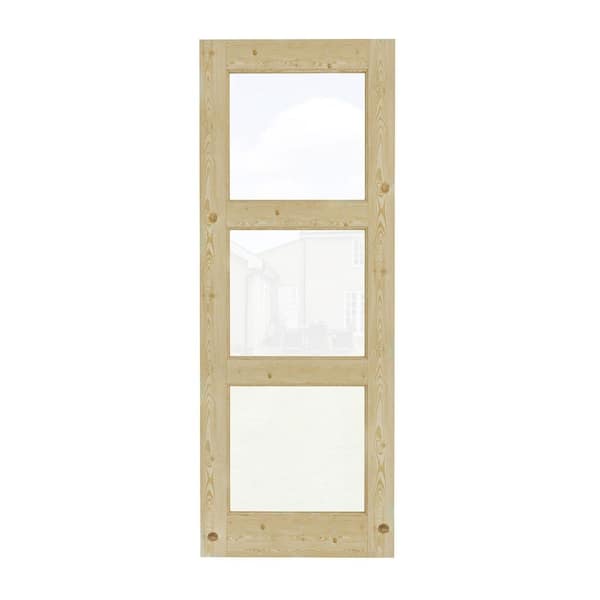 30 in. x 80 in. Modern Universal/Reversible 3-Lite Tempered Clear Glass Unfinished Pine Wood Front Door Slab