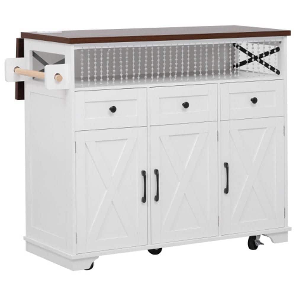 White Wood 46.5 in. Kitchen Island with Beaded Drape, Power Outlet, Drop Le